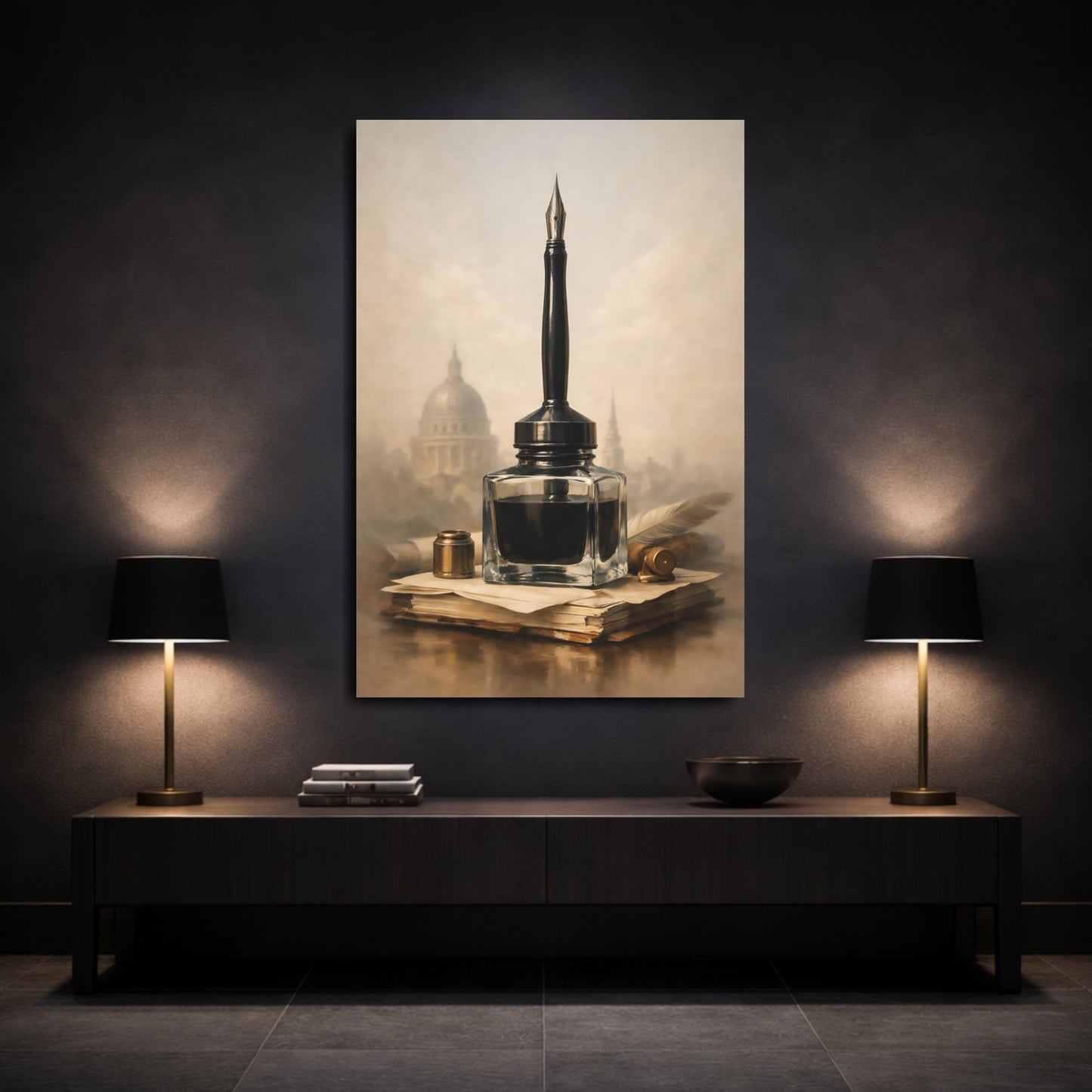 Mockup 2. Vintage Inkwell Brown And Gold shown as stretched canvas wall art