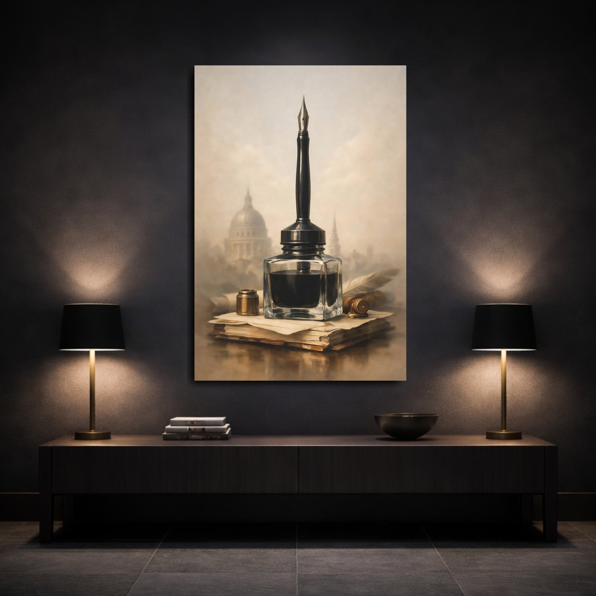 Mockup 2. Vintage Inkwell Brown And Gold shown as stretched canvas wall art
