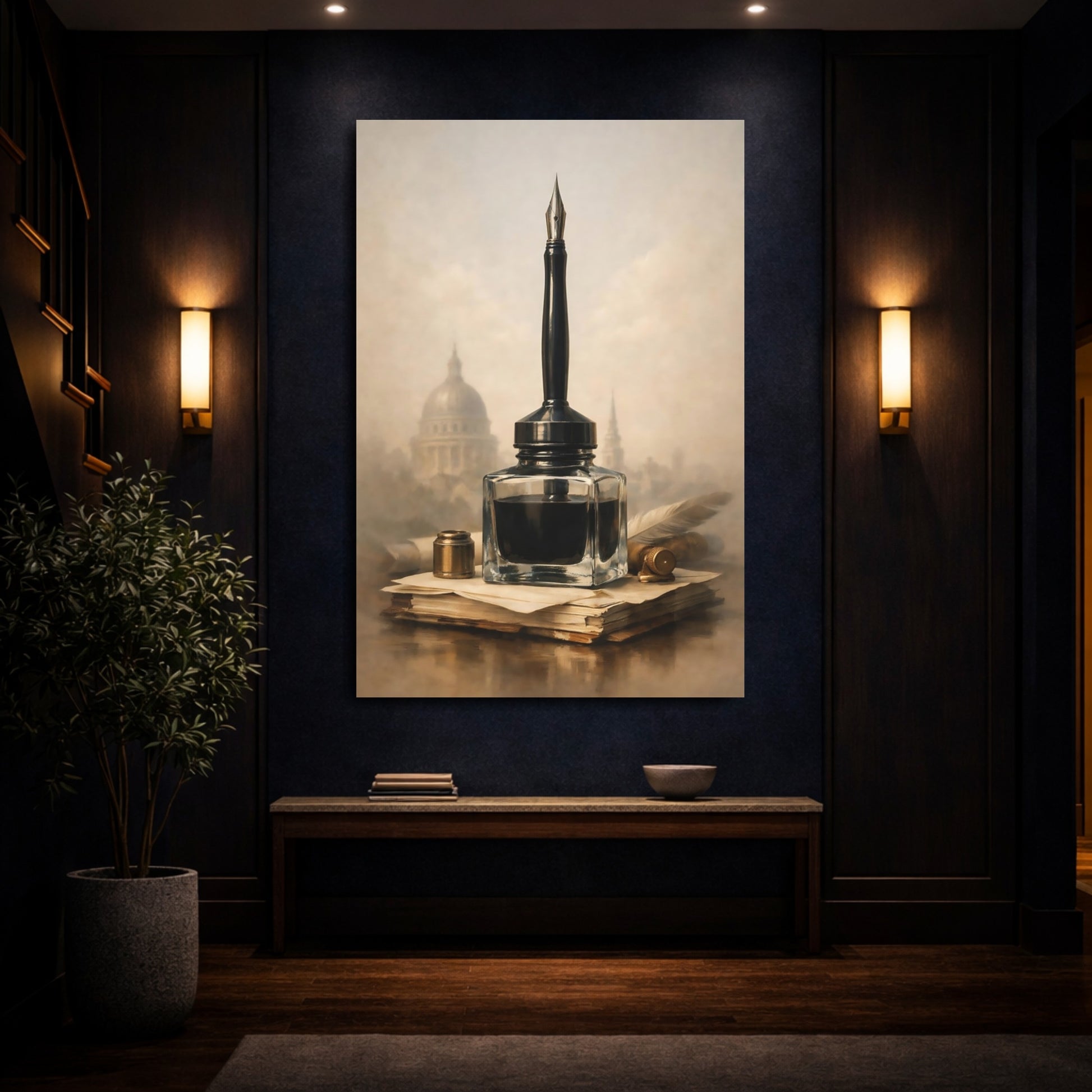 Mockup 3. Vintage Inkwell Brown And Gold shown as stretched canvas wall art