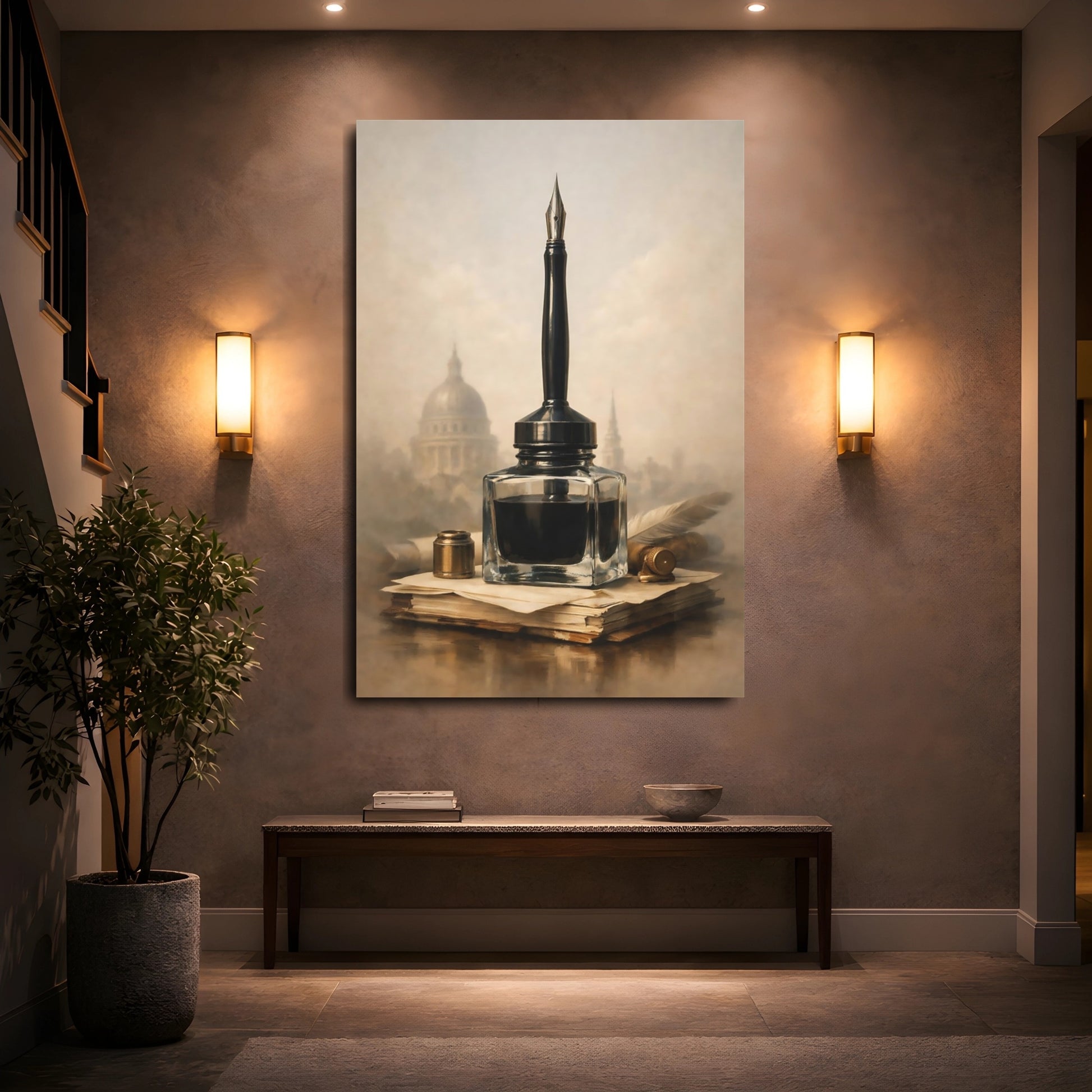 Mockup 4. Vintage Inkwell Brown And Gold shown as stretched canvas wall art