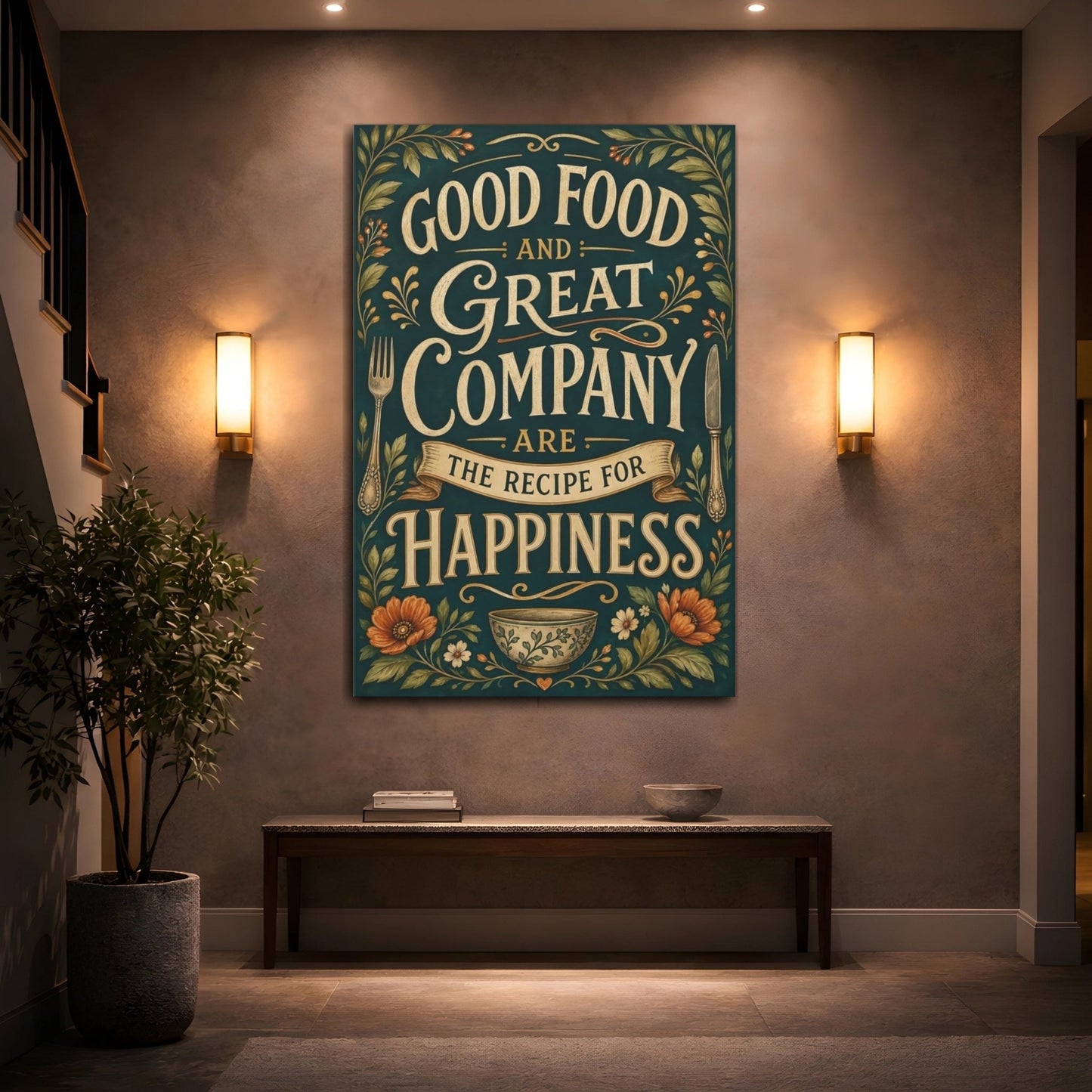 Vintage Inspirational Quote Dark Teal Gold Canvas Print – Kitchen, Above Counter - YesArtYes