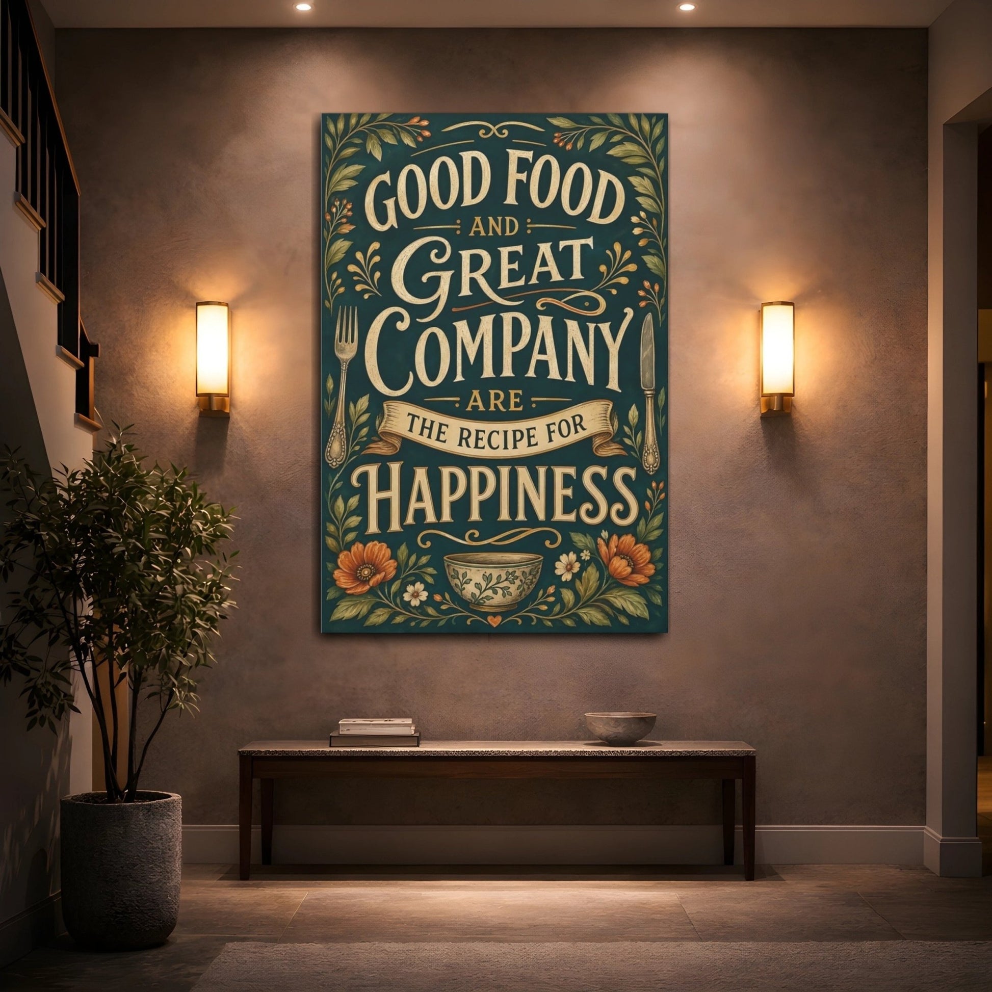 Vintage Inspirational Quote Dark Teal Gold Canvas Print – Kitchen, Above Counter - YesArtYes