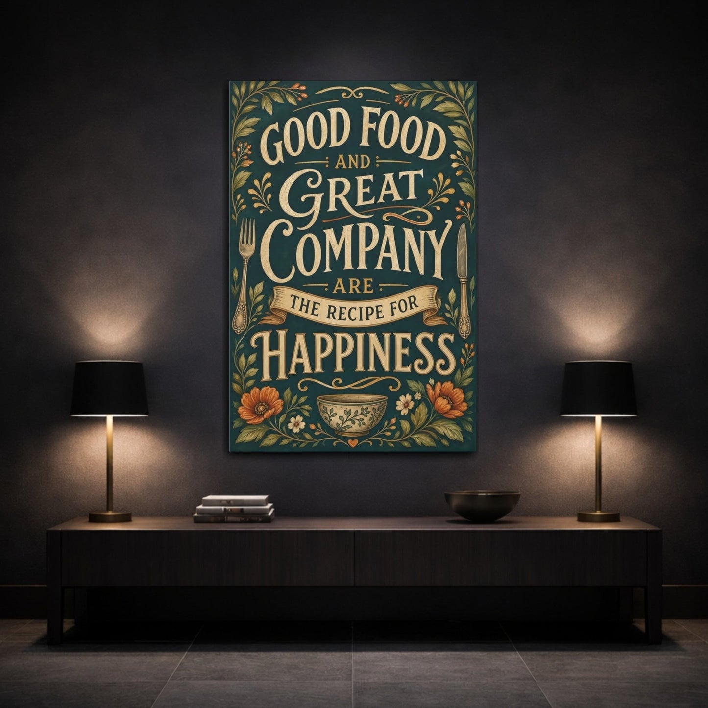 Vintage Inspirational Quote Dark Teal Gold Canvas Print – Kitchen, Above Counter - YesArtYes