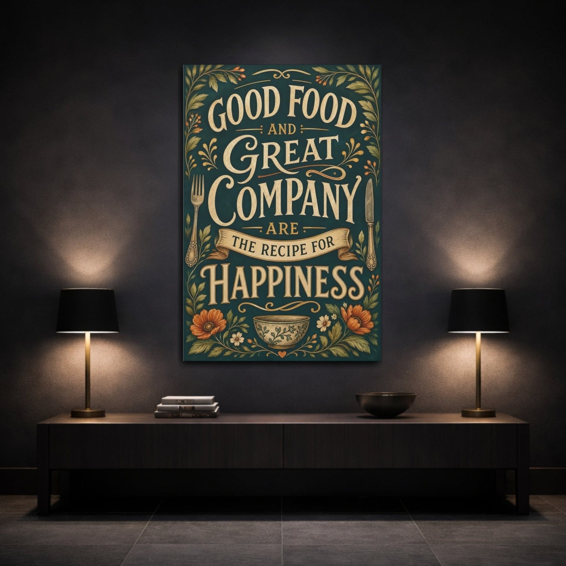 Vintage Inspirational Quote Dark Teal Gold Canvas Print – Kitchen, Above Counter - YesArtYes