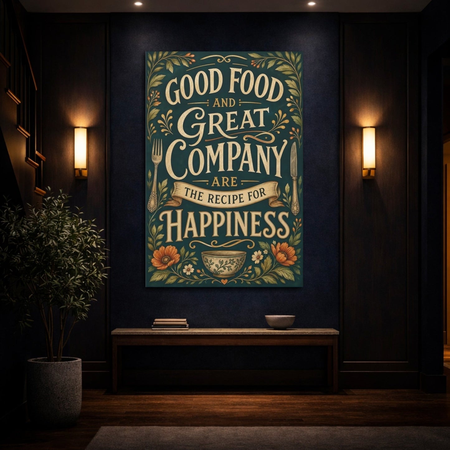 Vintage Inspirational Quote Dark Teal Gold Canvas Print – Kitchen, Above Counter - YesArtYes