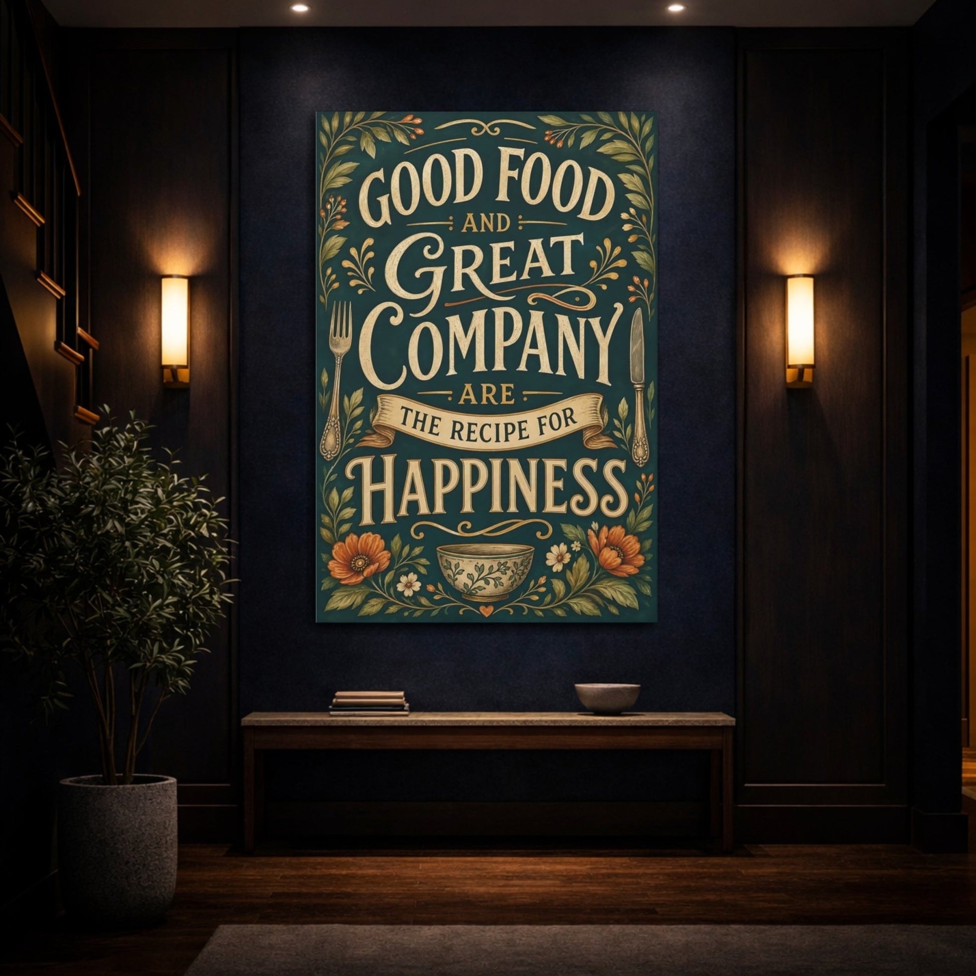 Vintage Inspirational Quote Dark Teal Gold Canvas Print – Kitchen, Above Counter - YesArtYes