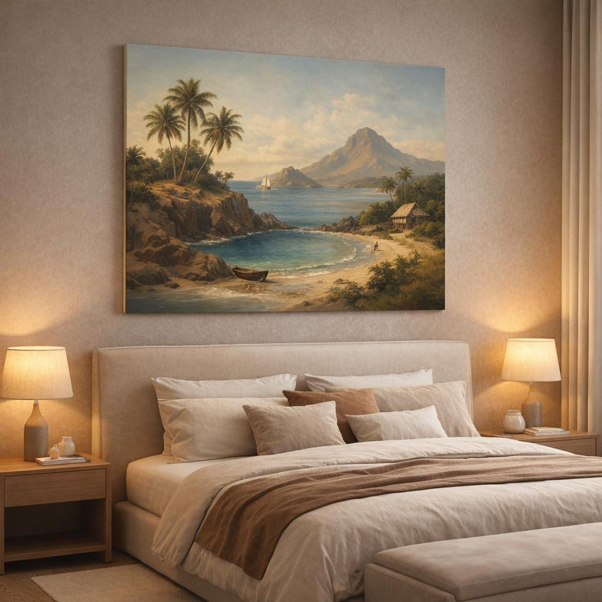 Vintage Island Coast shown as canvas wall art in a luxury bedroom