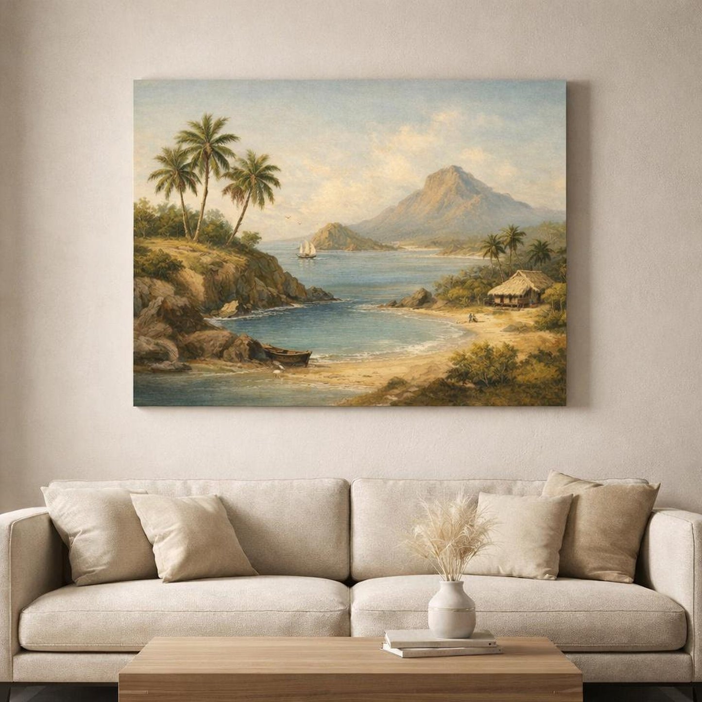 Vintage Island Coast shown as canvas wall art in a refined dining room