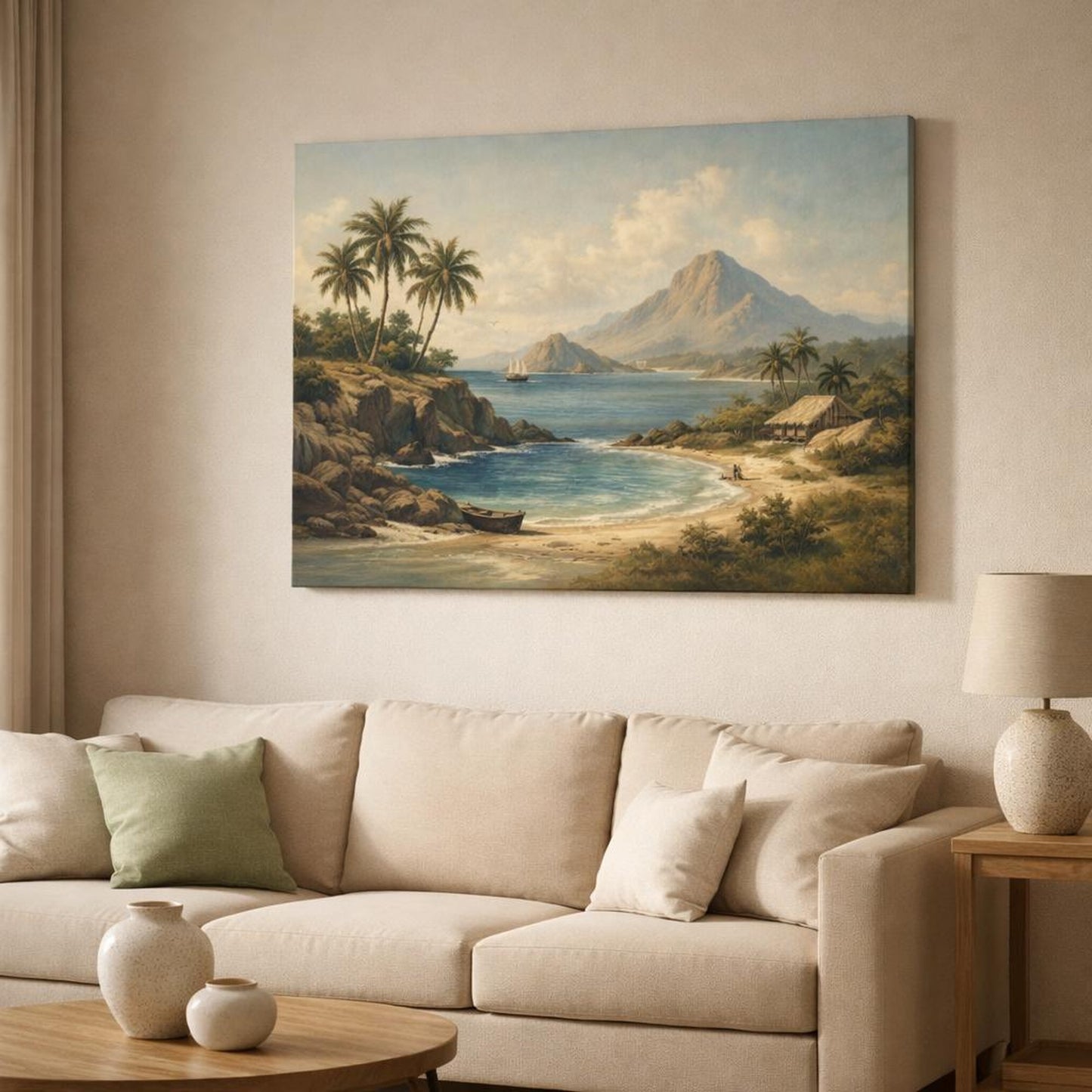 Vintage Island Coast shown as canvas wall art in a modern living room