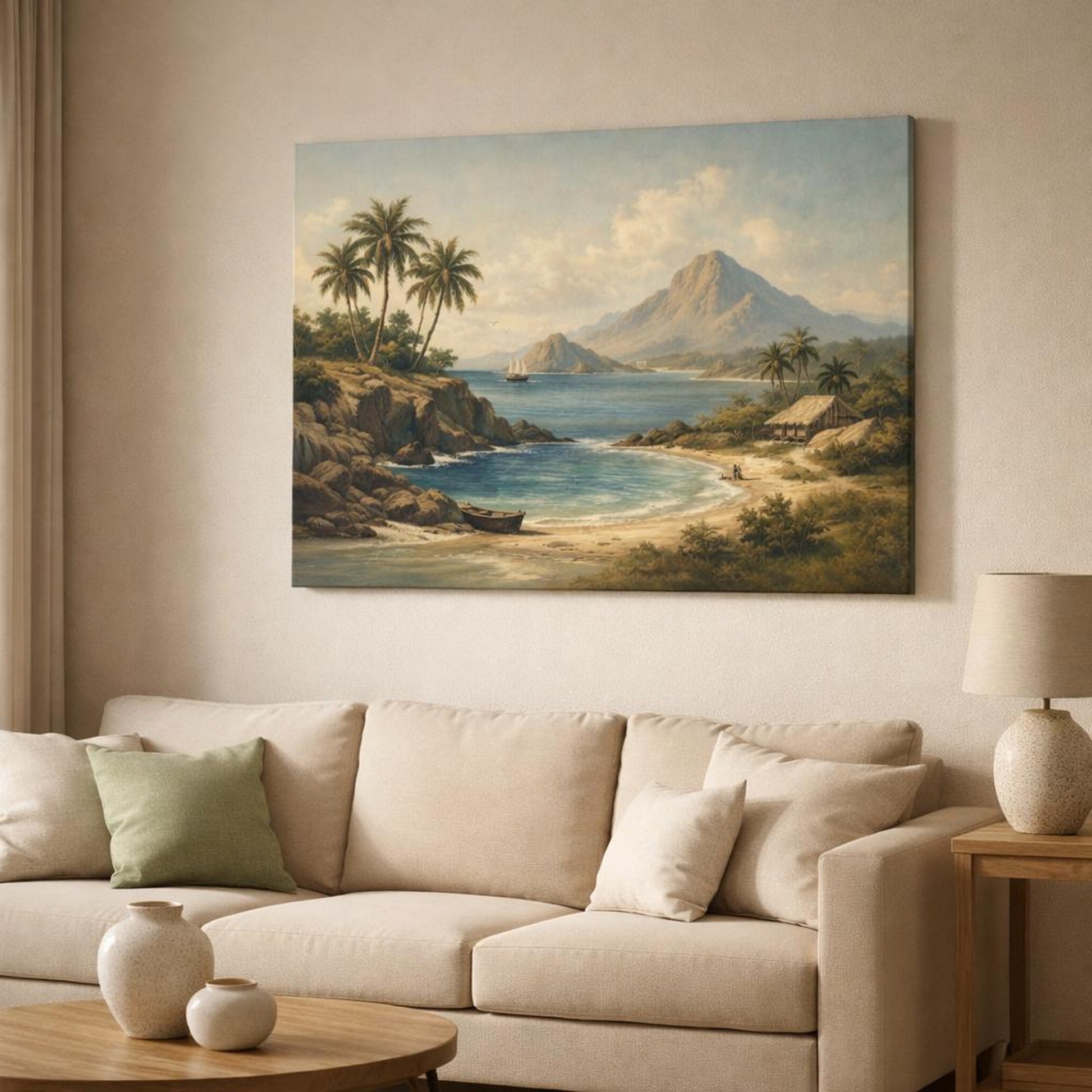 Vintage Island Coast shown as canvas wall art in a modern living room