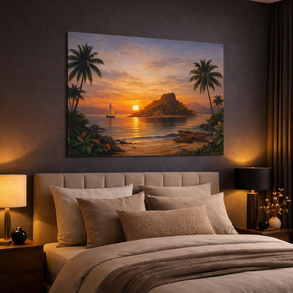 Vintage Island Sunset shown as canvas wall art in a luxury bedroom