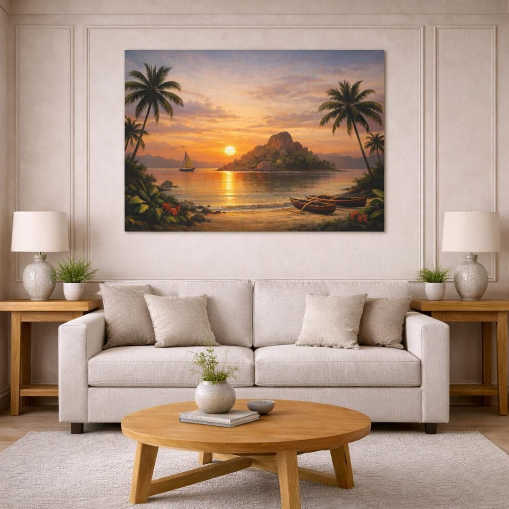 Vintage Island Sunset shown as canvas wall art in a modern living room