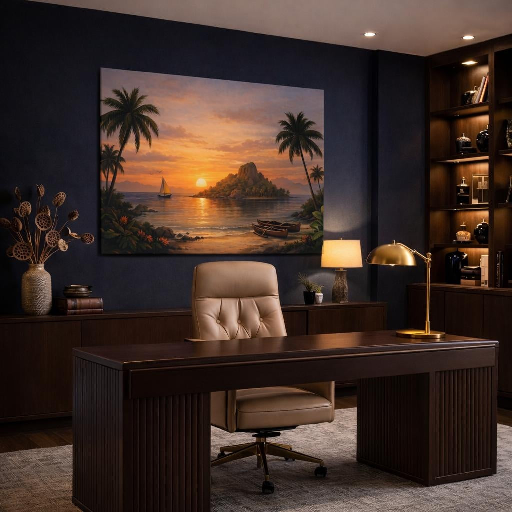 Vintage Island Sunset shown as canvas wall art in a refined dining room
