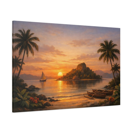 Vintage Island Sunset shown as stretched canvas wall art