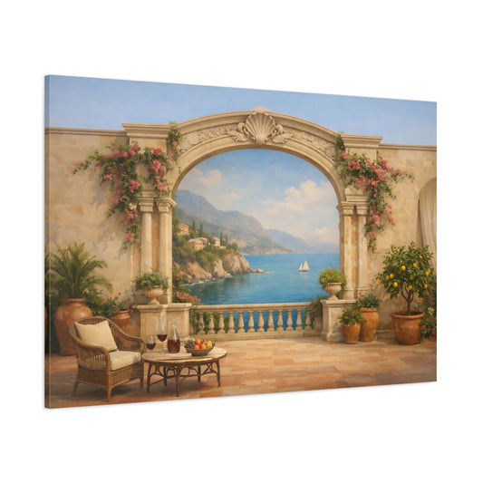 Vintage Italian Coastal Terrace shown as stretched canvas wall art