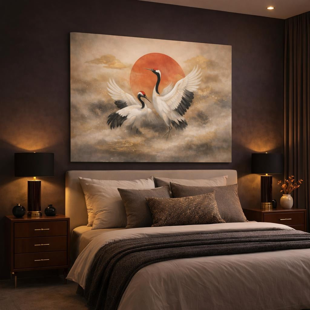 Vintage Japanese Crane shown as canvas wall art in a luxury bedroom