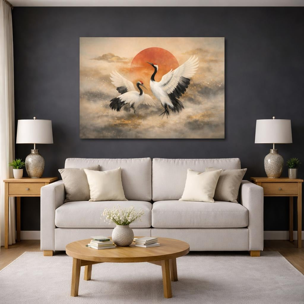 Vintage Japanese Crane shown as canvas wall art in a modern living room