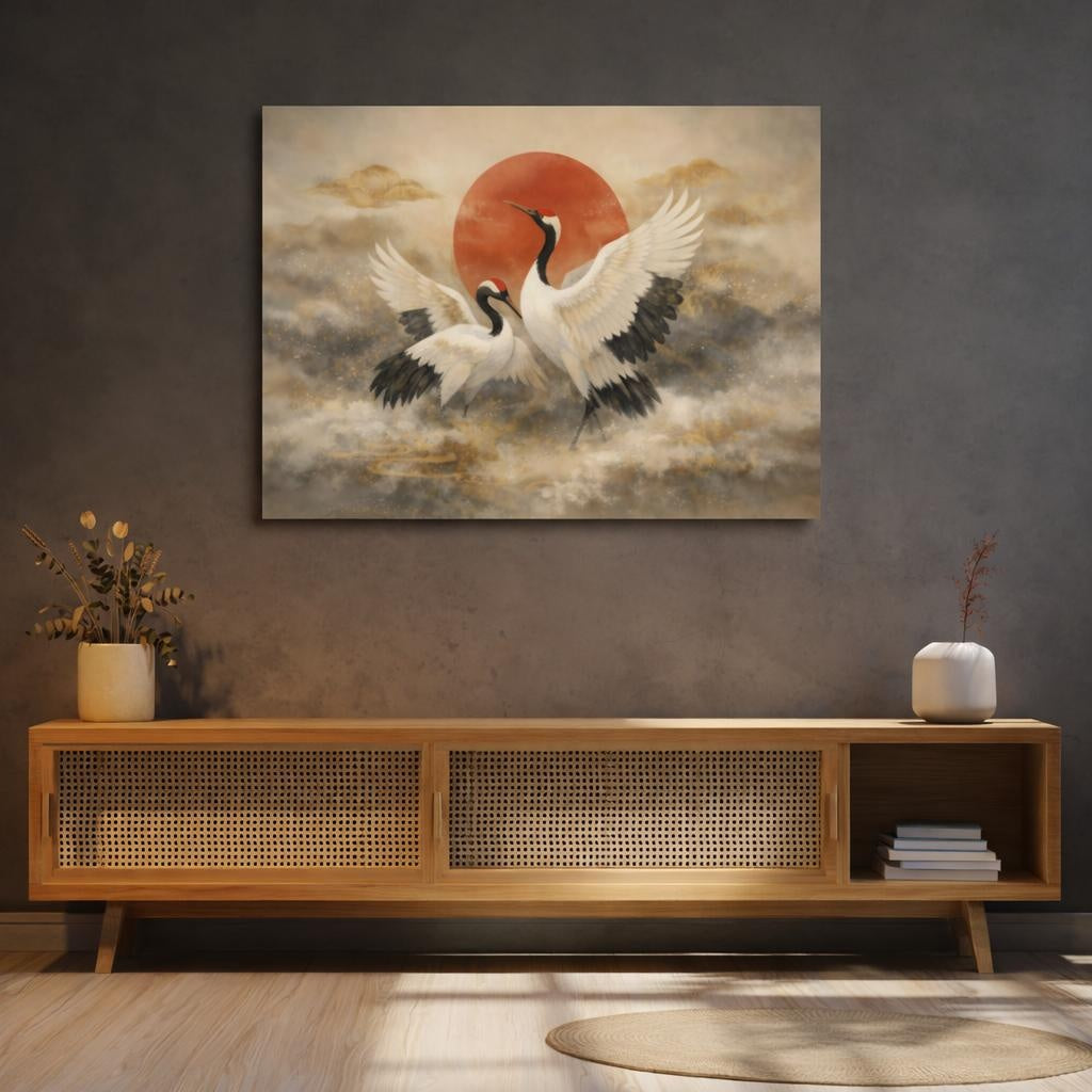 Vintage Japanese Crane shown as canvas wall art in a luxury executive office