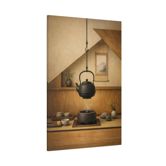 Main Mockup. Vintage Japanese Kettle Brown And Black Zen shown as stretched canvas wall art