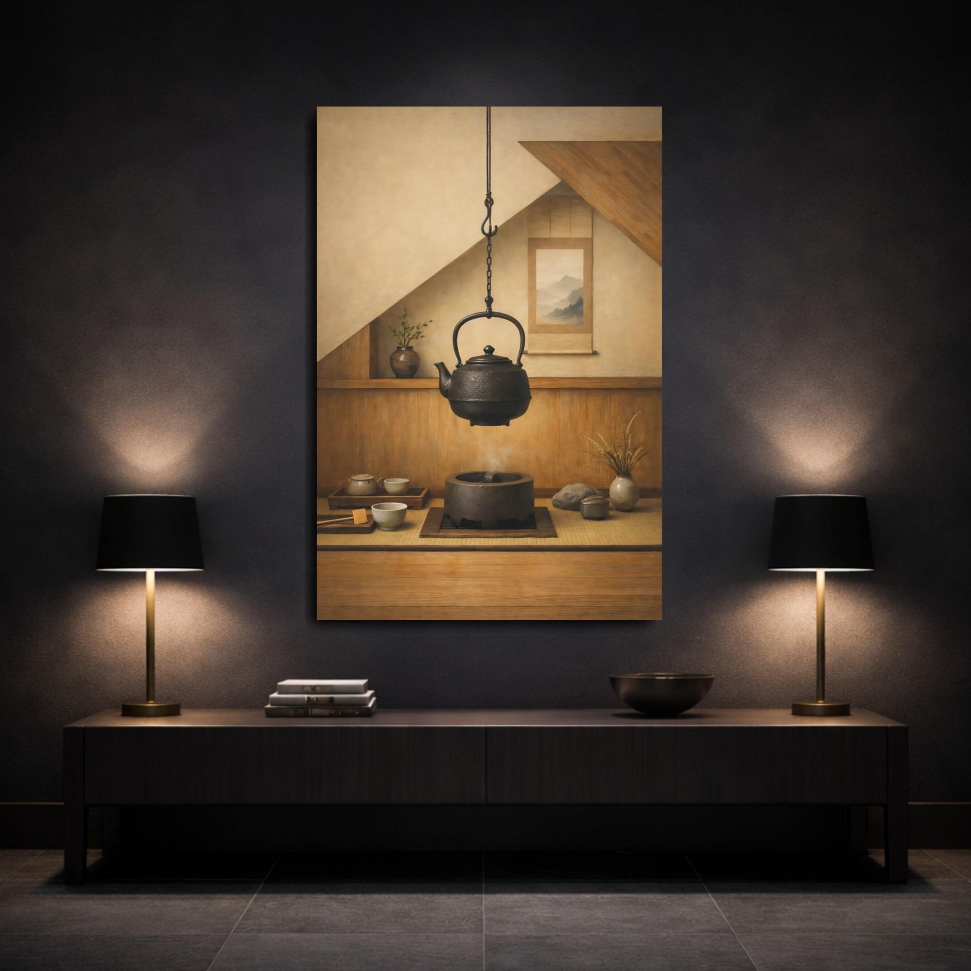 Mockup 2. Vintage Japanese Kettle Brown And Black Zen shown as stretched canvas wall art