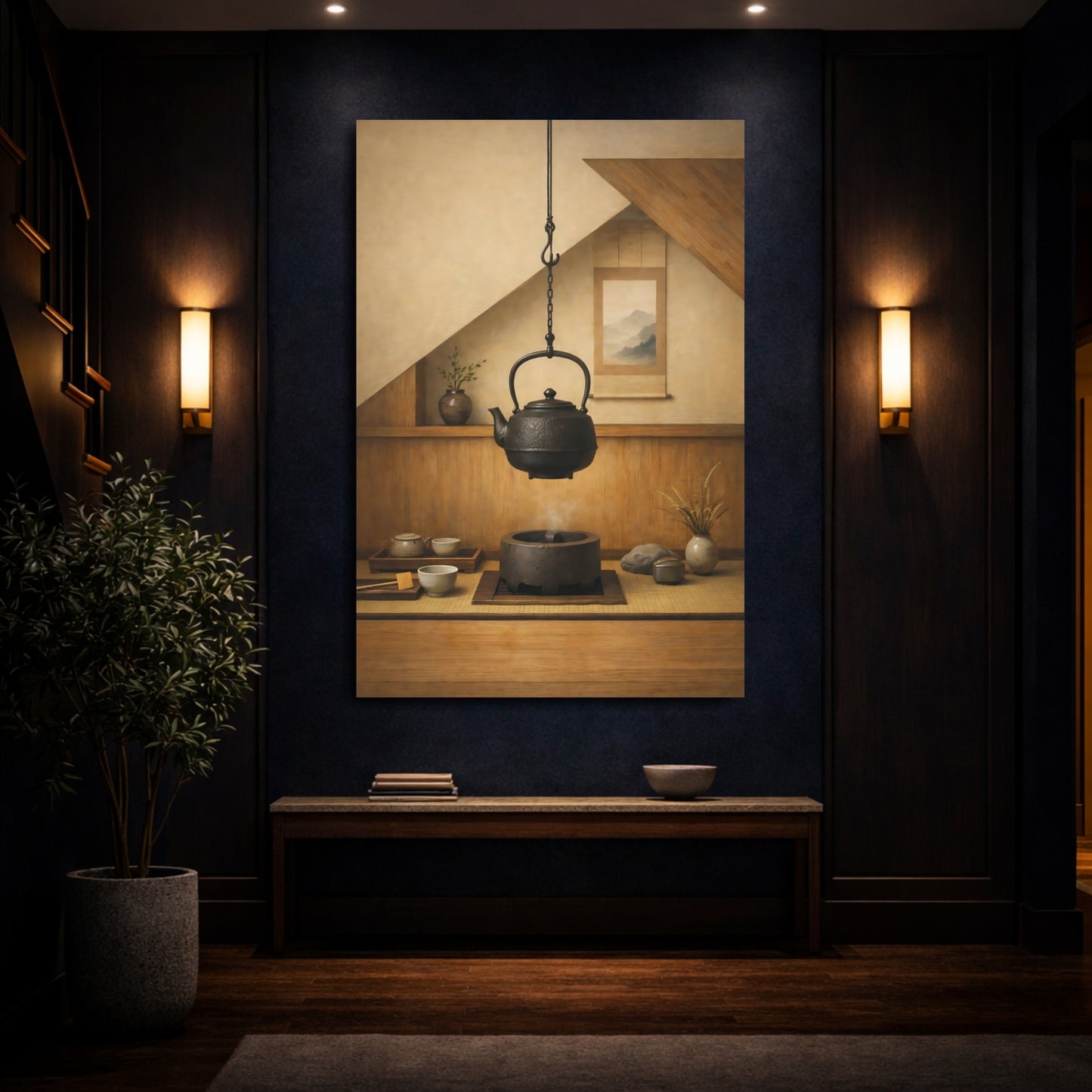 Mockup 3. Vintage Japanese Kettle Brown And Black Zen shown as stretched canvas wall art