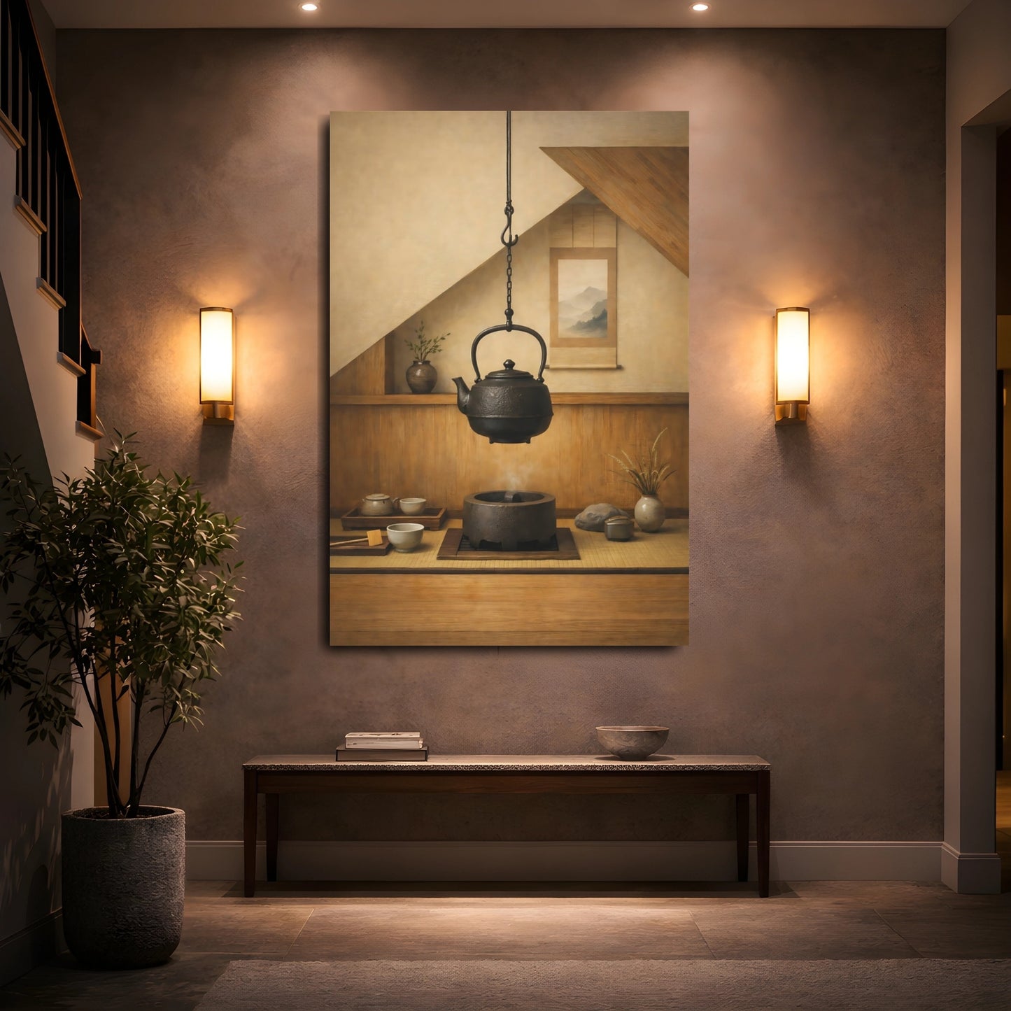 Mockup 4. Vintage Japanese Kettle Brown And Black Zen shown as stretched canvas wall art