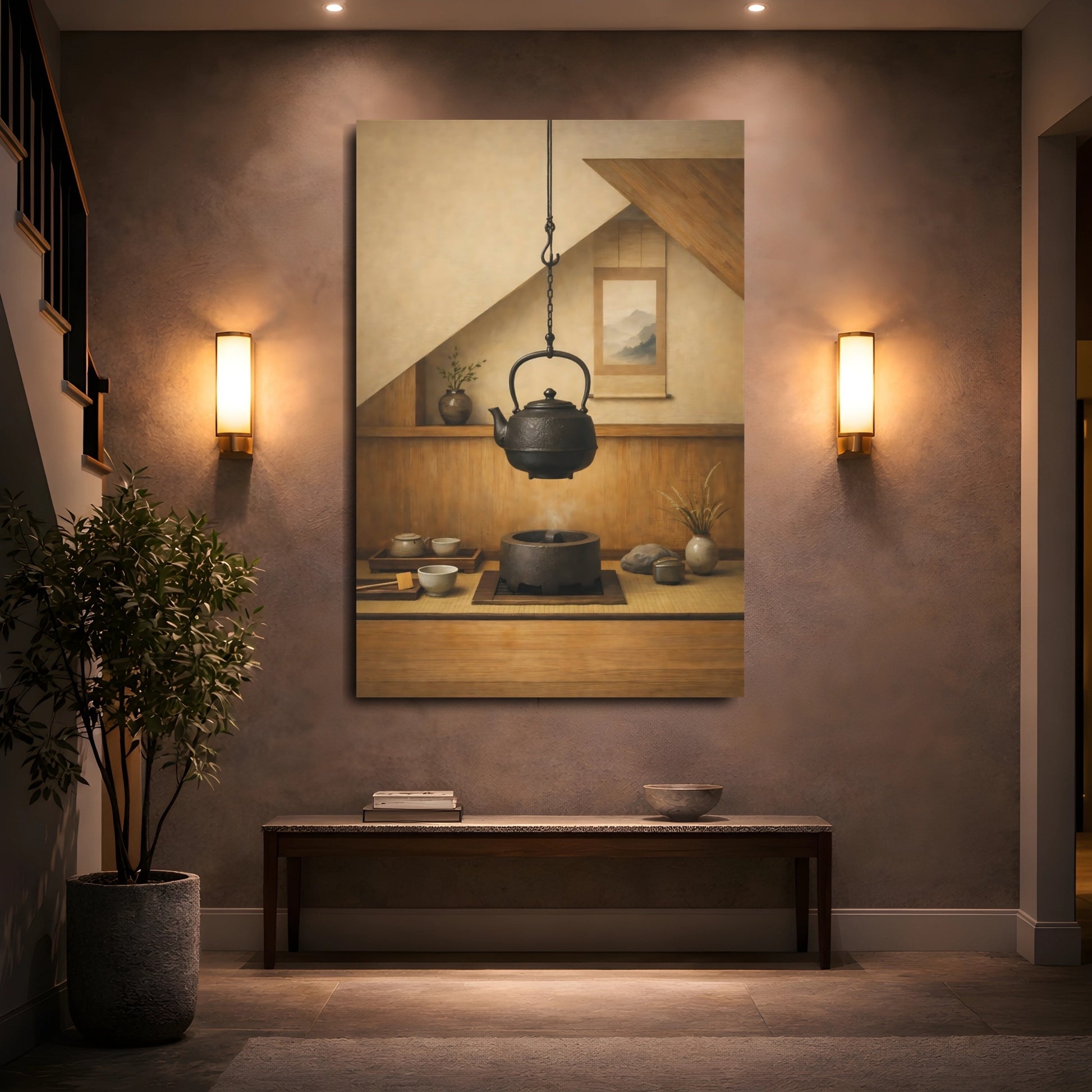 Mockup 4. Vintage Japanese Kettle Brown And Black Zen shown as stretched canvas wall art
