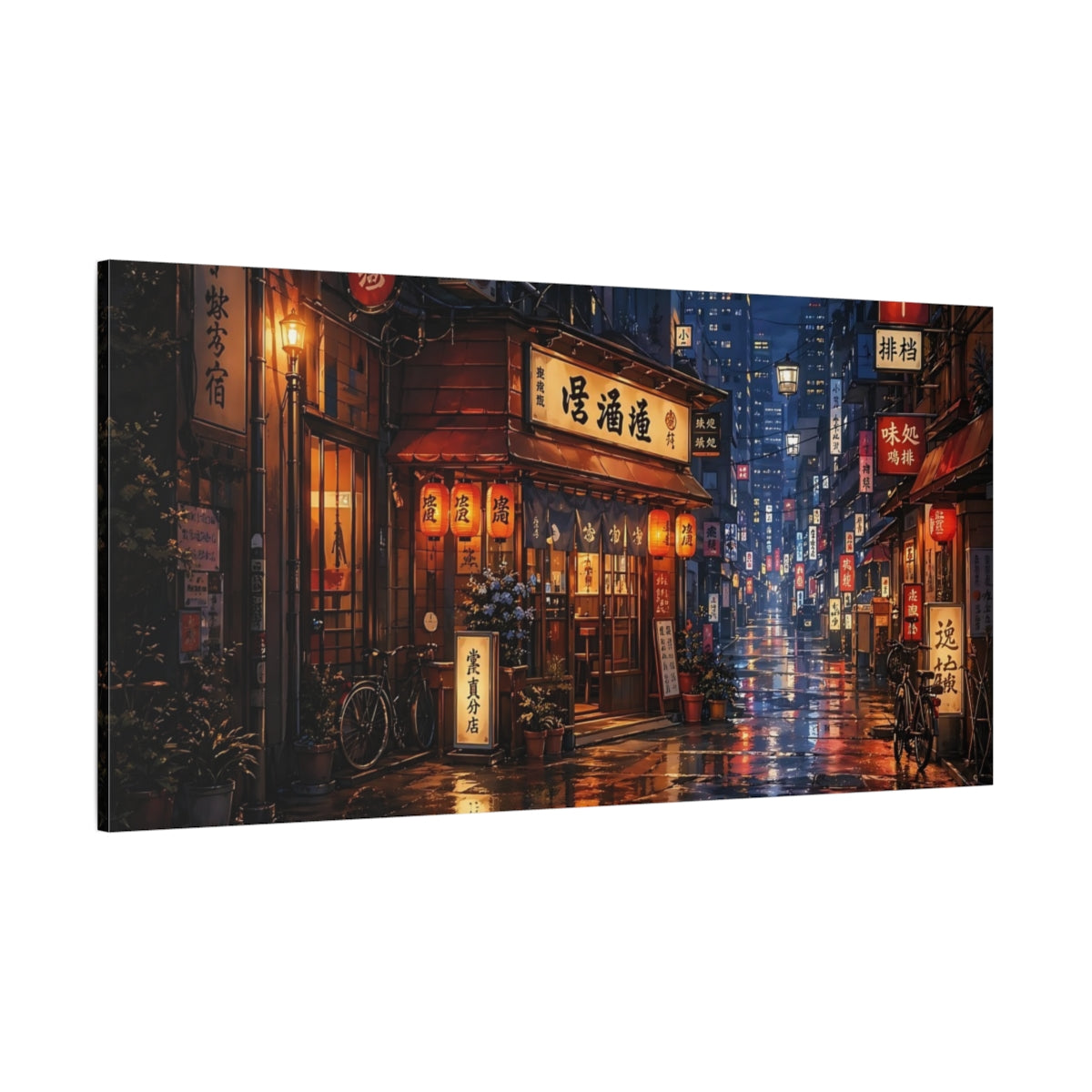 Side Mockup 2. Vintage Japanese Street Rainy Street Night shown as stretched canvas wall art