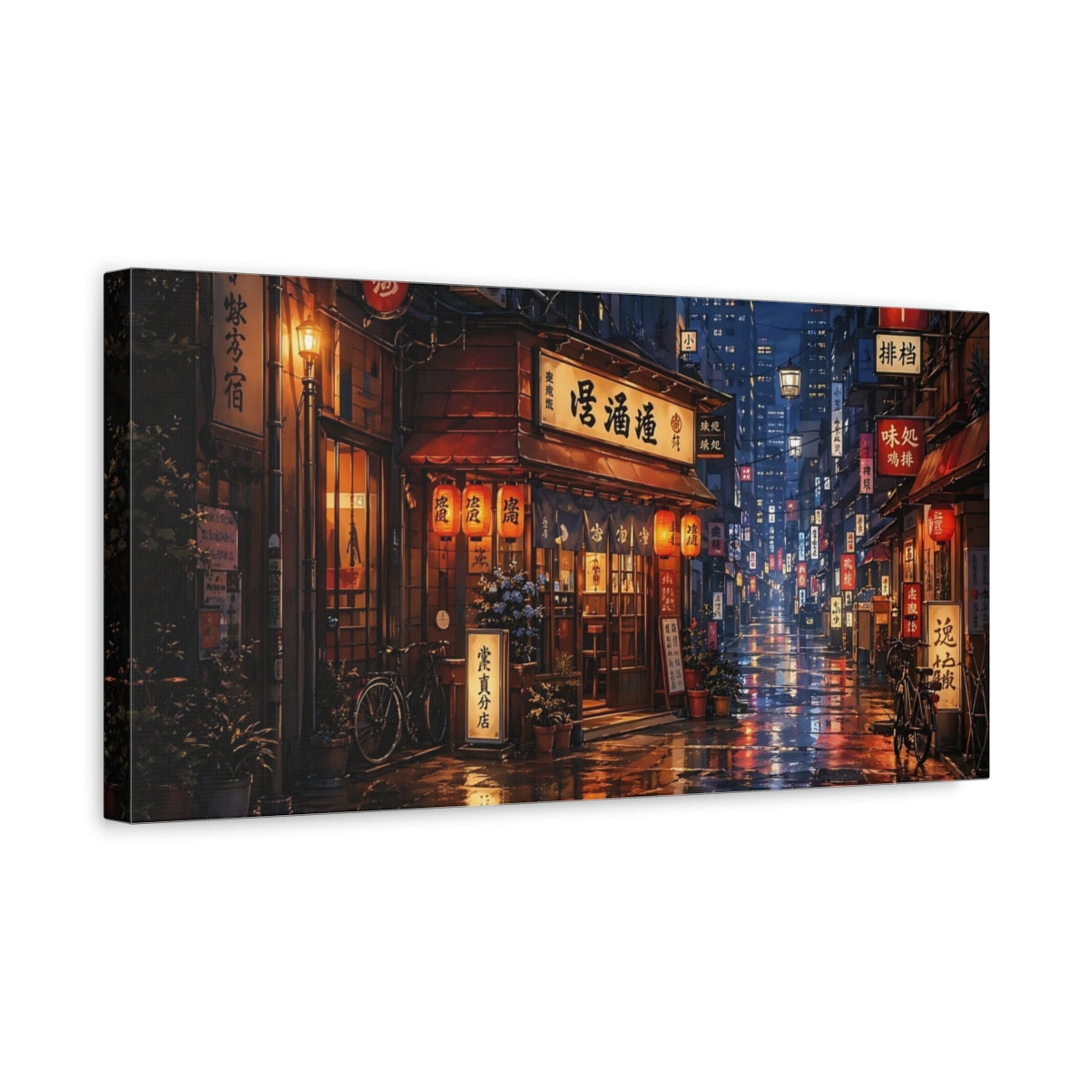 Side Mockup 3. Vintage Japanese Street Rainy Street Night shown as stretched canvas wall art