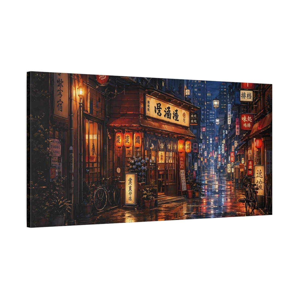 Main Mockup. Vintage Japanese Street Rainy Street Night shown as stretched canvas wall art