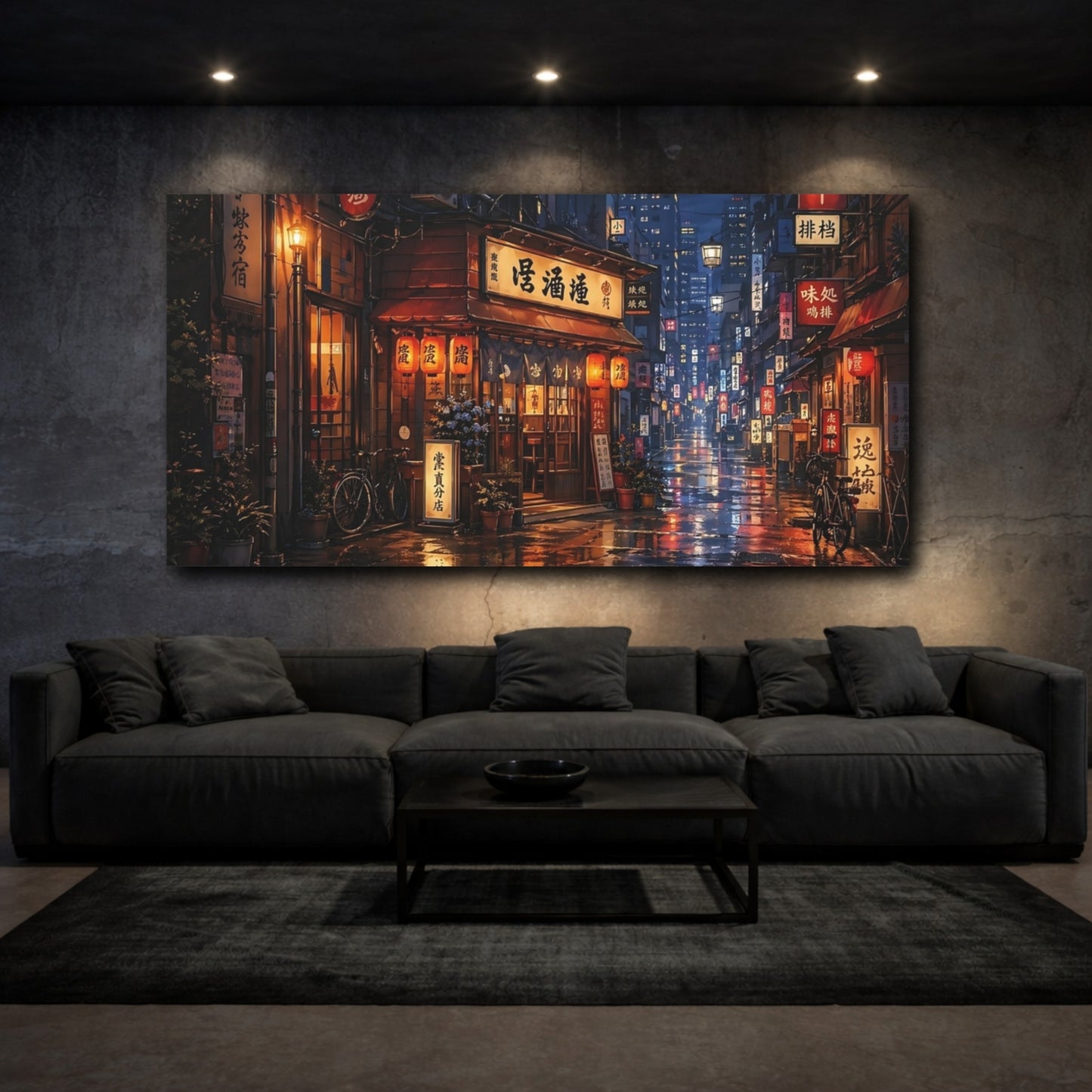 Mockup 2. Vintage Japanese Street Rainy Street Night shown as stretched canvas wall art