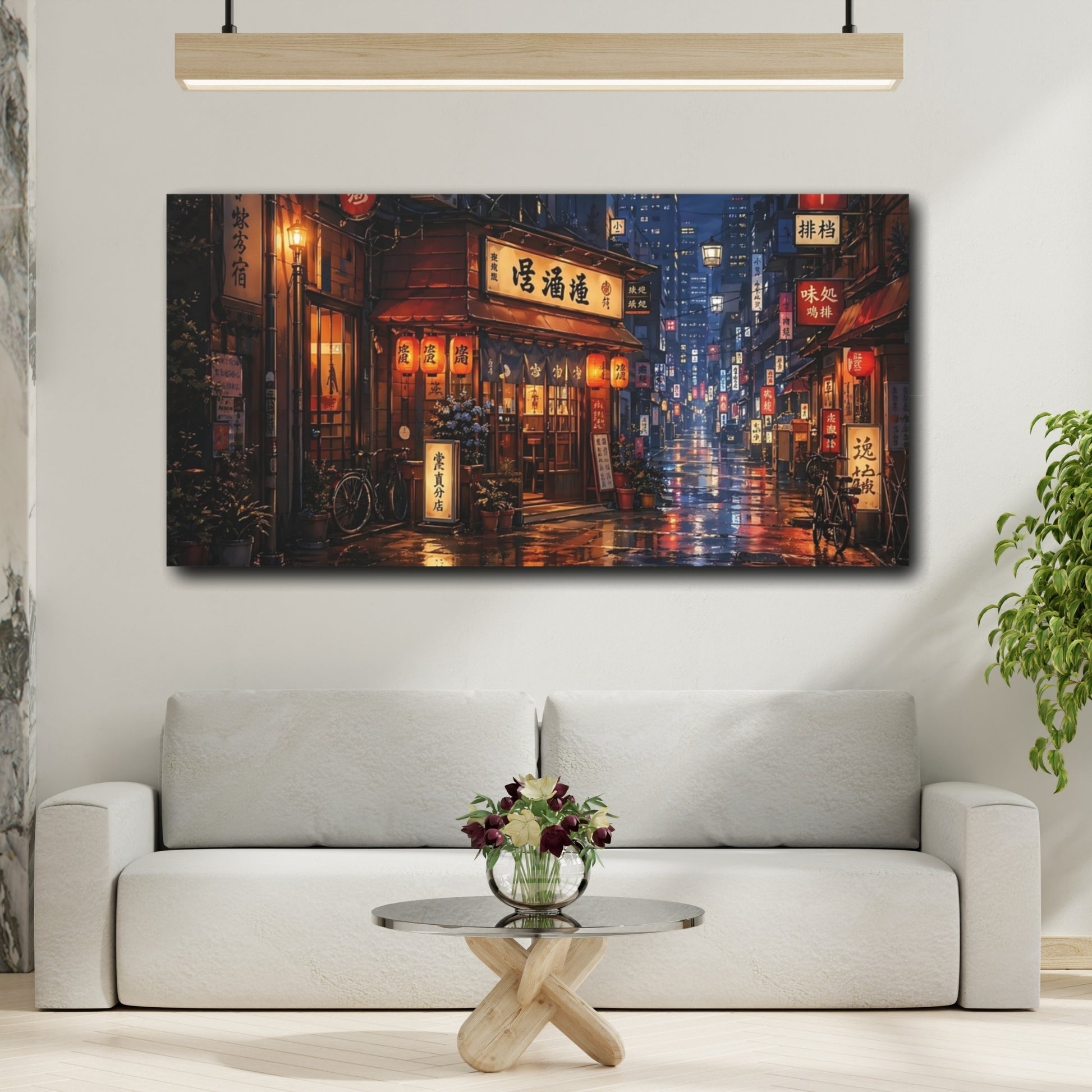 Mockup 3. Vintage Japanese Street Rainy Street Night shown as stretched canvas wall art