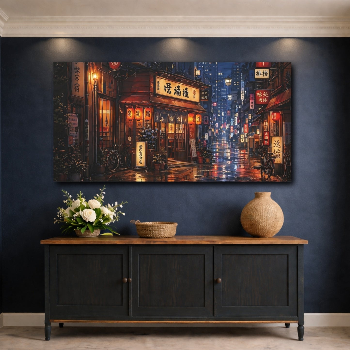 Mockup 4. Vintage Japanese Street Rainy Street Night shown as stretched canvas wall art