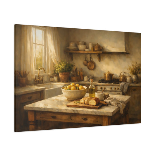 Main Mockup. Vintage Kitchen Scene Warm Kitchen Decor shown as stretched canvas wall art