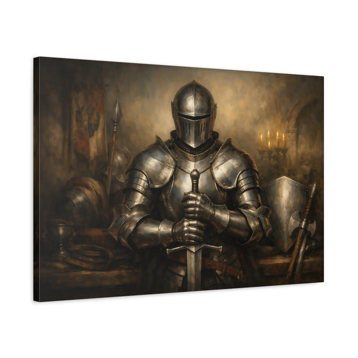 Side Mockup 2. Vintage Knight Bronze Knight shown as stretched canvas wall art