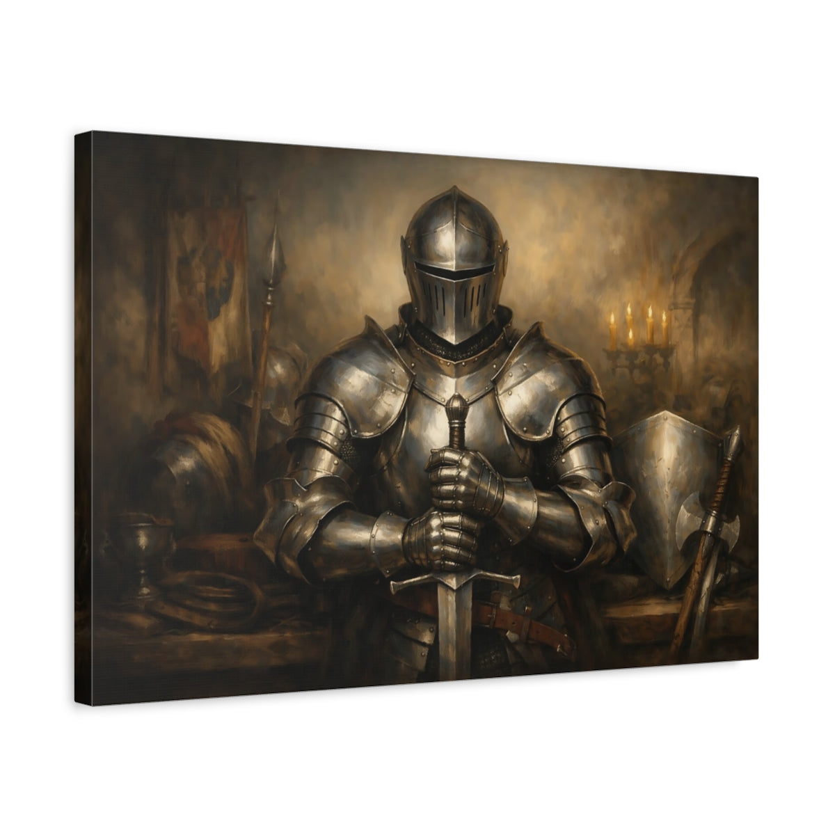 Side Mockup 3. Vintage Knight Bronze Knight shown as stretched canvas wall art