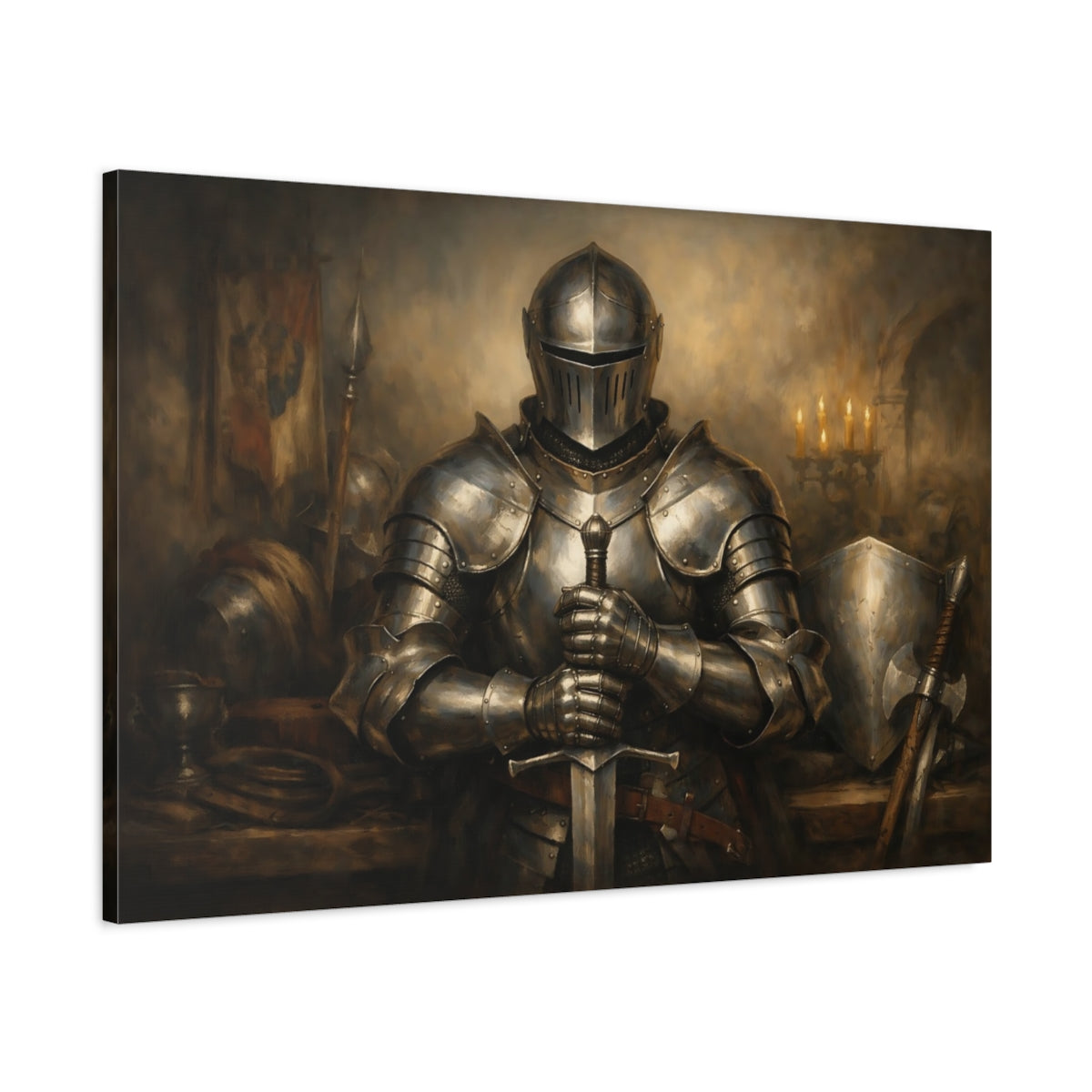 Side Mockup 1. Vintage Knight Bronze Knight shown as stretched canvas wall art