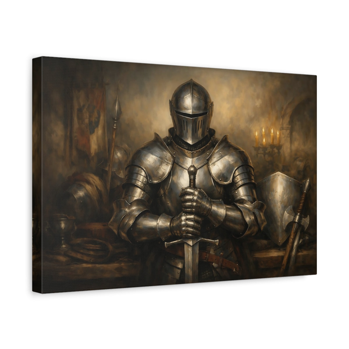 Side Mockup 4. Vintage Knight Bronze Knight shown as stretched canvas wall art