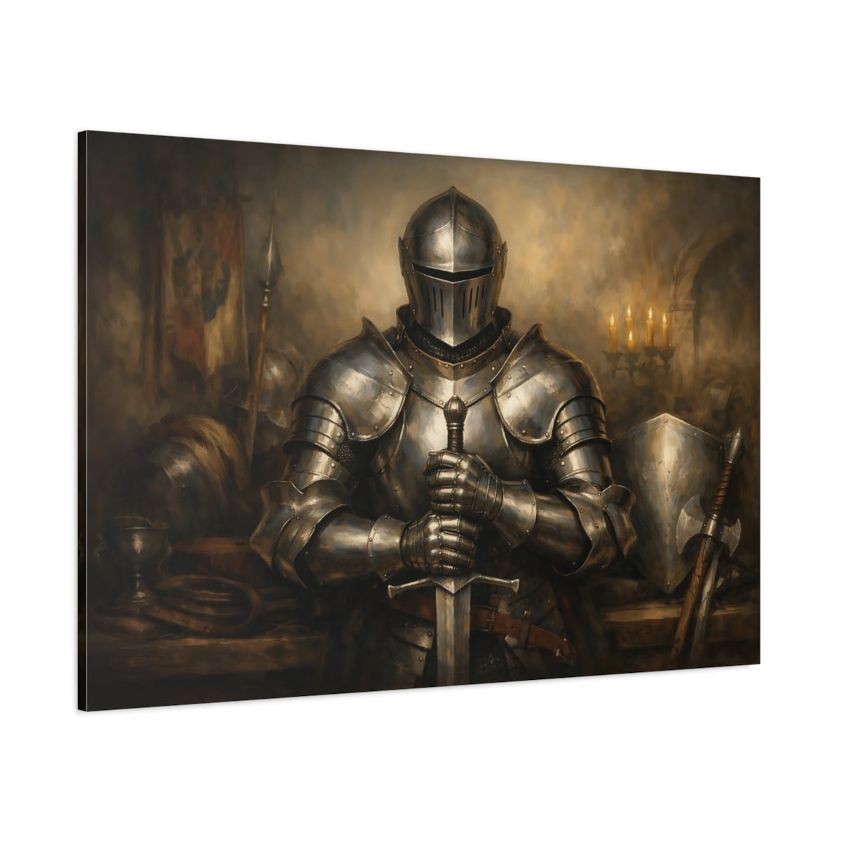 Main Mockup. Vintage Knight Bronze Knight shown as stretched canvas wall art