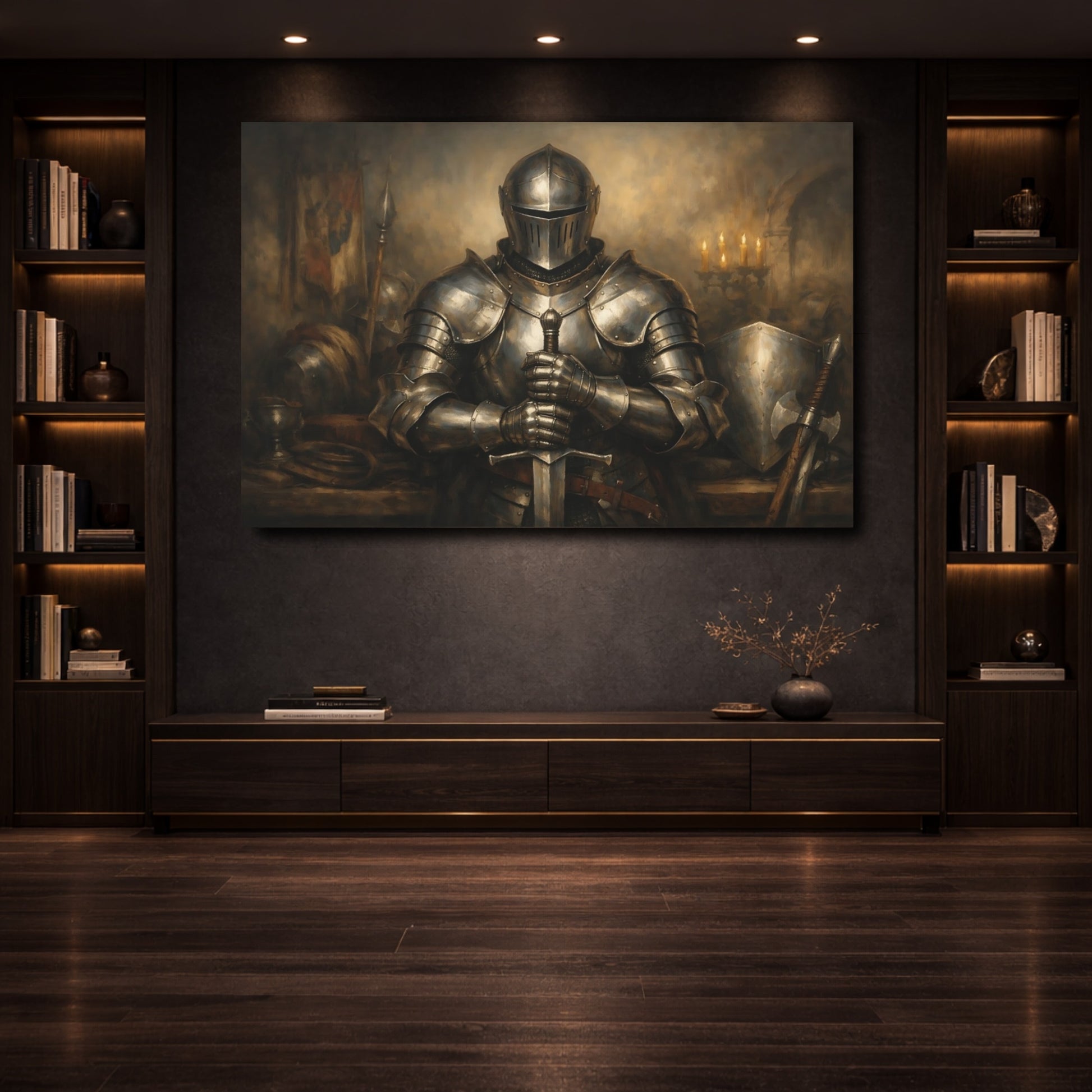 Mockup 3. Vintage Knight Bronze Knight shown as stretched canvas wall art