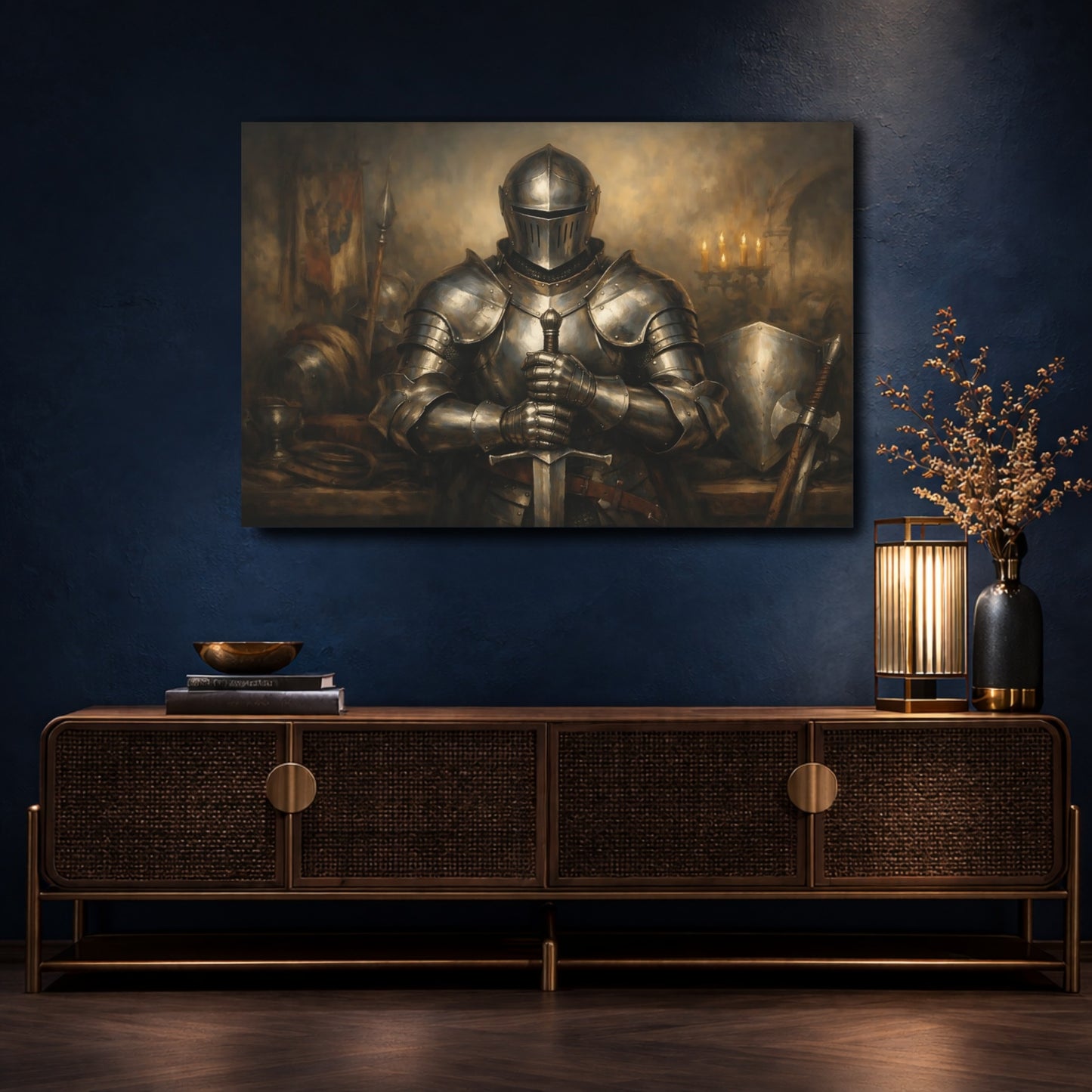 Mockup 4. Vintage Knight Bronze Knight shown as stretched canvas wall art