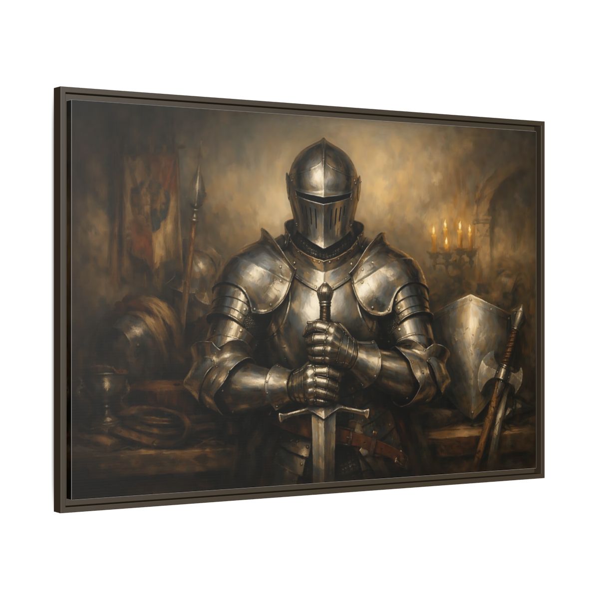 Main Mockup. Vintage Knight Brown And Gold shown as stretched canvas wall art