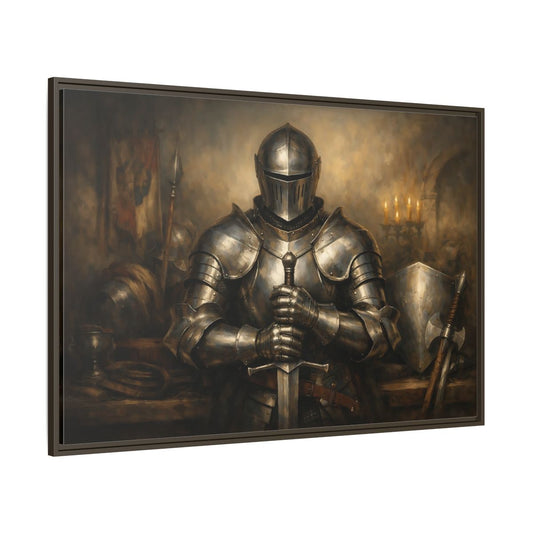 Main Mockup. Vintage Knight Brown And Gold shown as stretched canvas wall art