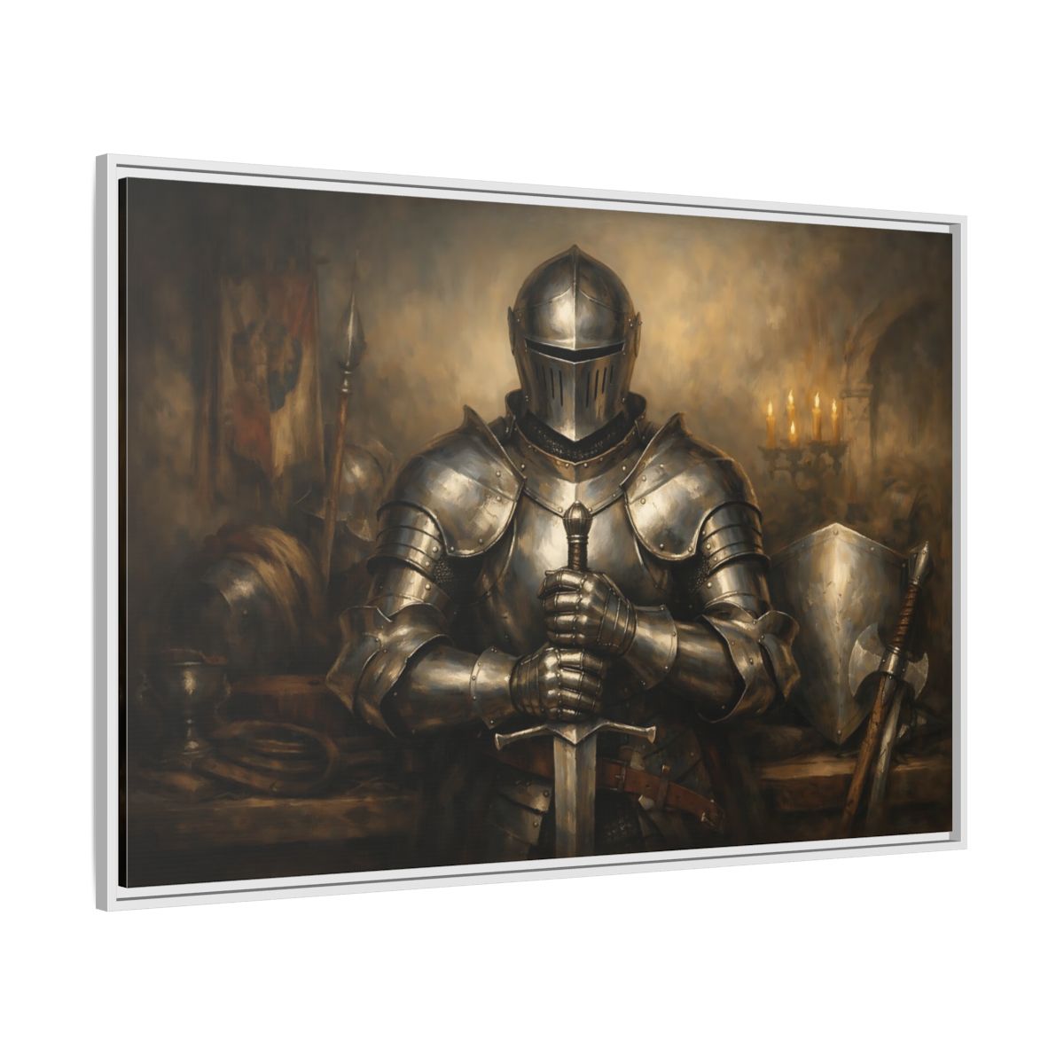 Side Mockup 7. Vintage Knight Brown And Gold shown as stretched canvas wall art