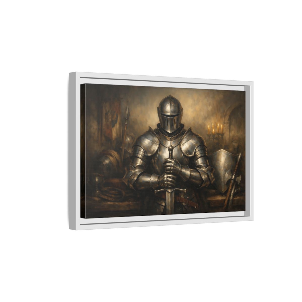 Side Mockup 4. Vintage Knight Brown And Gold shown as stretched canvas wall art