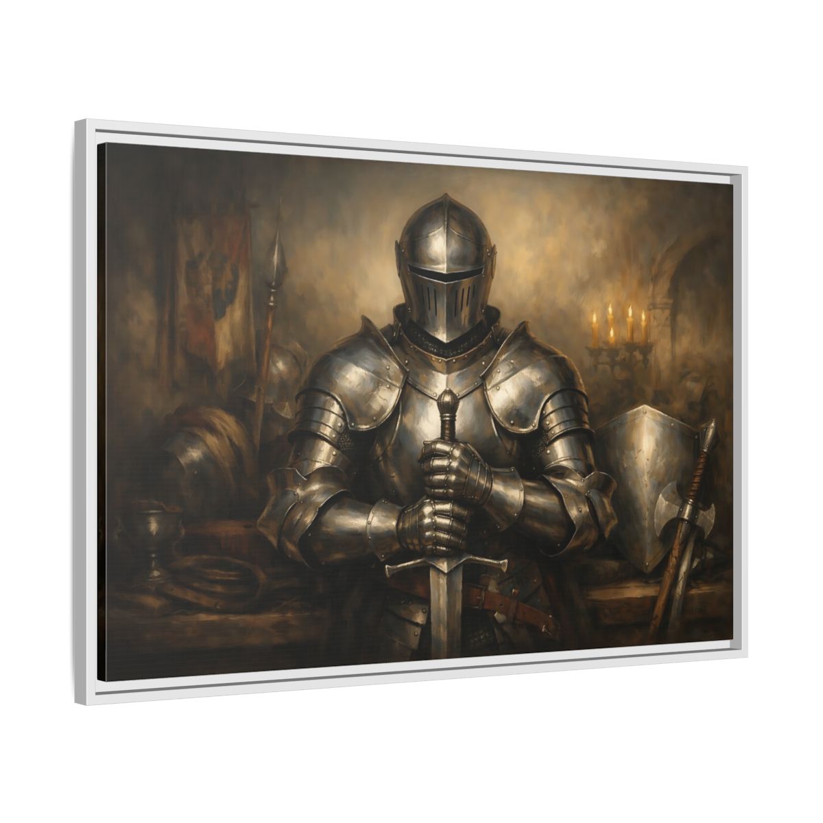 Side Mockup 8. Vintage Knight Brown And Gold shown as stretched canvas wall art
