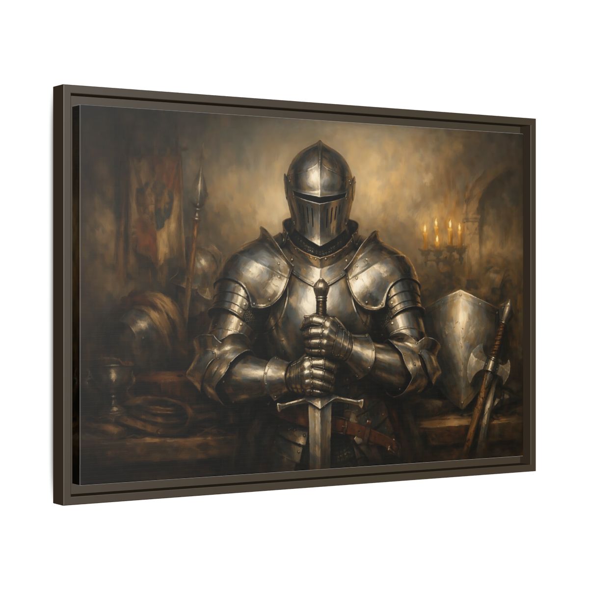 Side Mockup 11. Vintage Knight Brown And Gold shown as stretched canvas wall art
