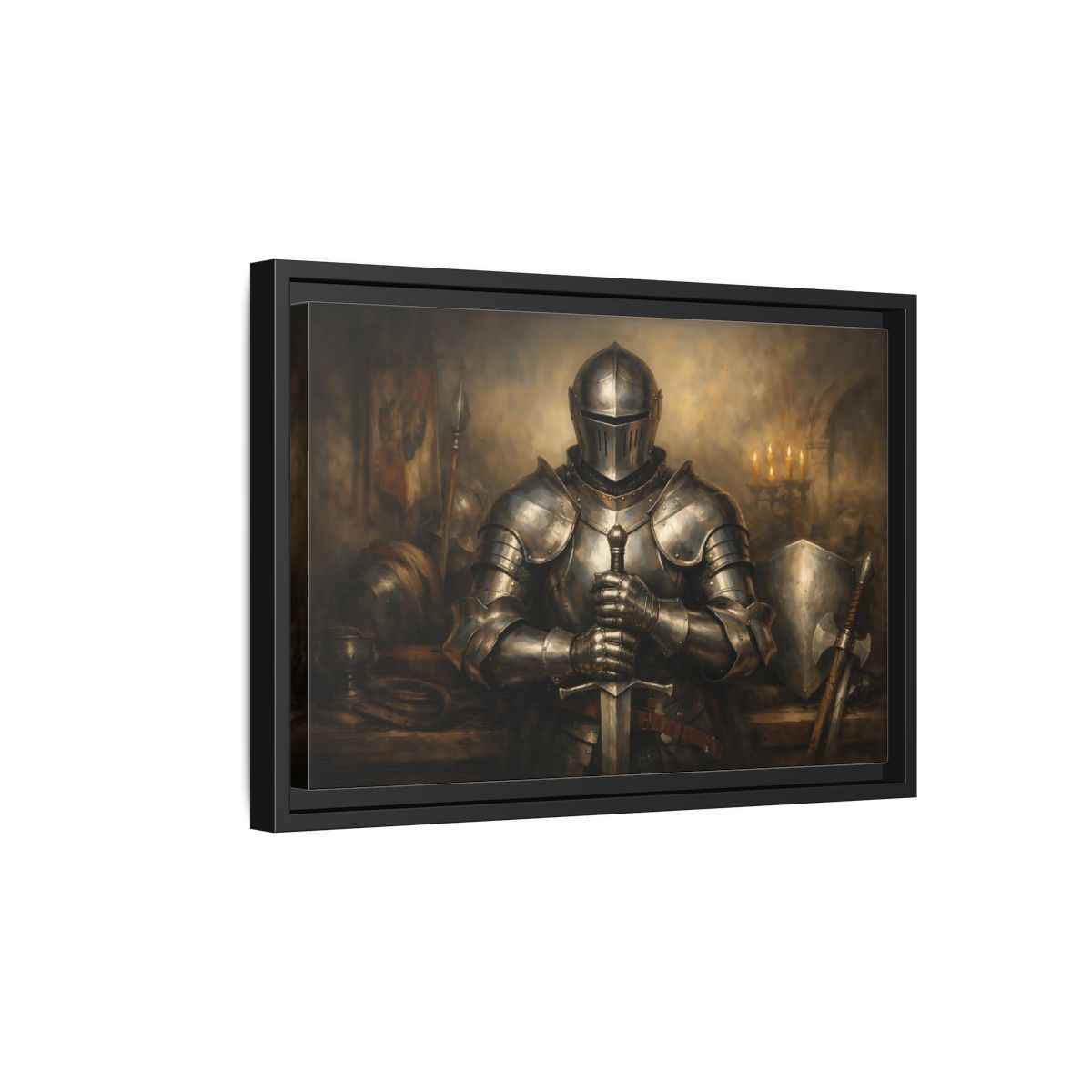Side Mockup 6. Vintage Knight Brown And Gold shown as stretched canvas wall art