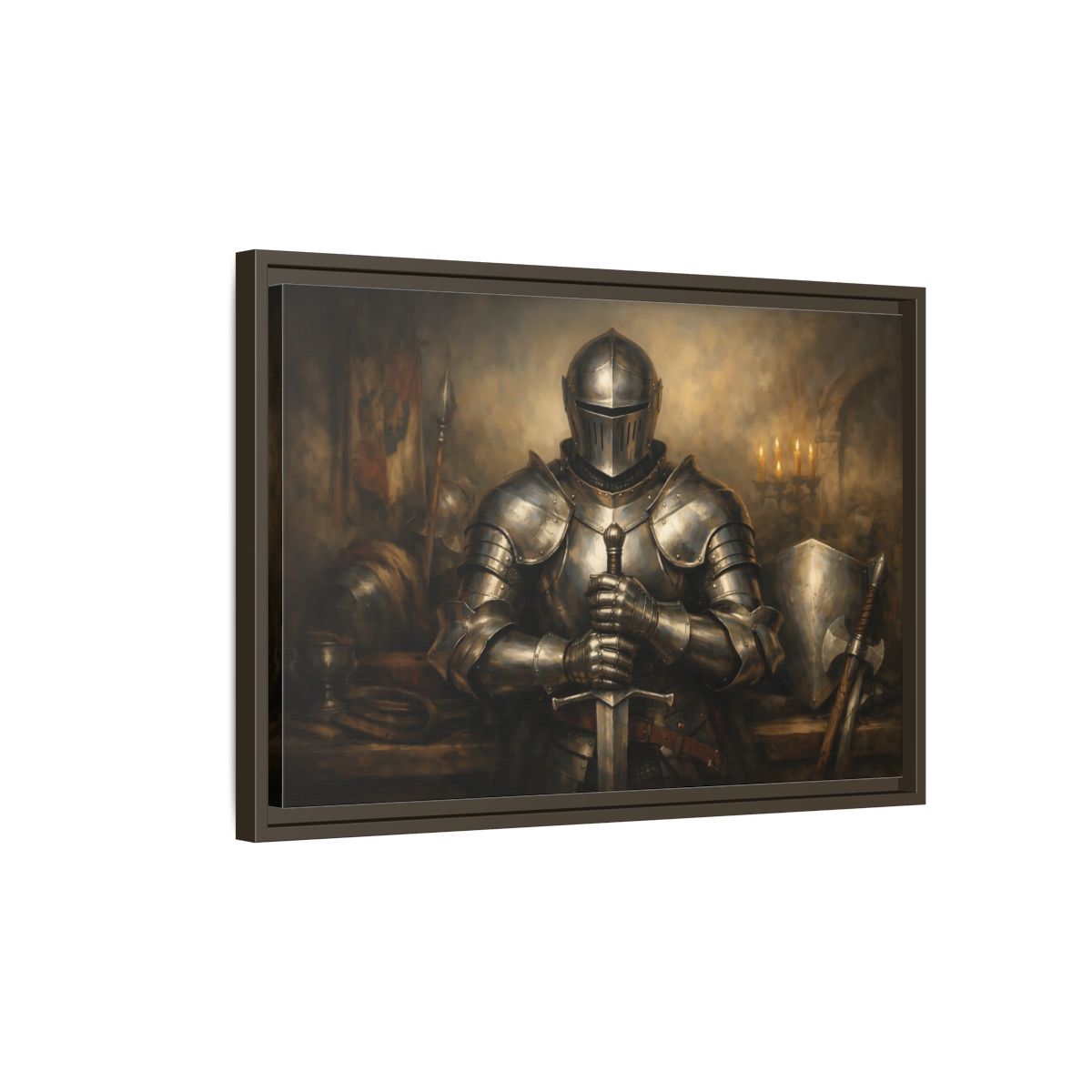 Side Mockup 2. Vintage Knight Brown And Gold shown as stretched canvas wall art