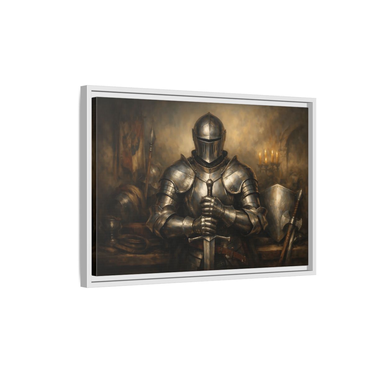 Side Mockup 1. Vintage Knight Brown And Gold shown as stretched canvas wall art